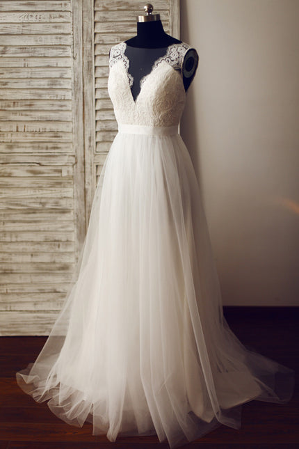 Robe Chic Blanche Trapèze Traîne Tulle - gallery 1