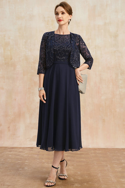 Robe Chic Bleu Nuit Élégante À Dentelle - gallery 2
