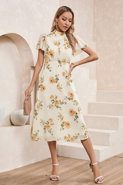 Robe Chic Midi Fleurie Écrue