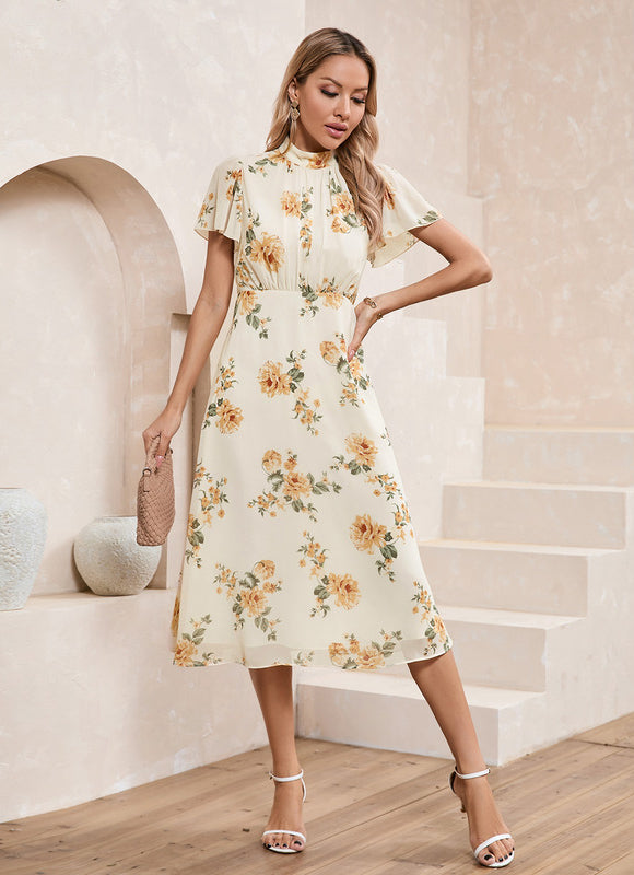 Robe Chic Midi Fleurie Écrue
