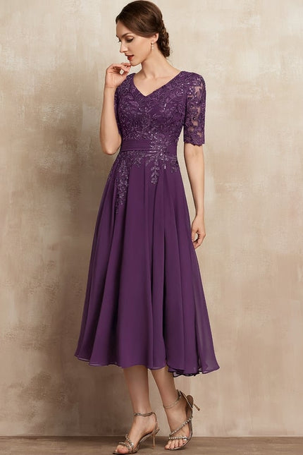 Robe Chic Violet Trapèze Dentelle Paillettes - gallery 5