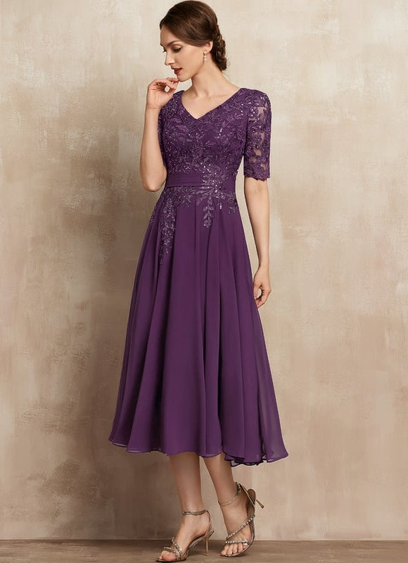 Robe Chic Violet Trapèze Dentelle Paillettes - gallery 5