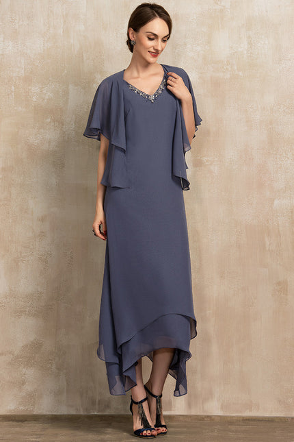 Robe Chic Gris Perle Asymétrique Avec Perles