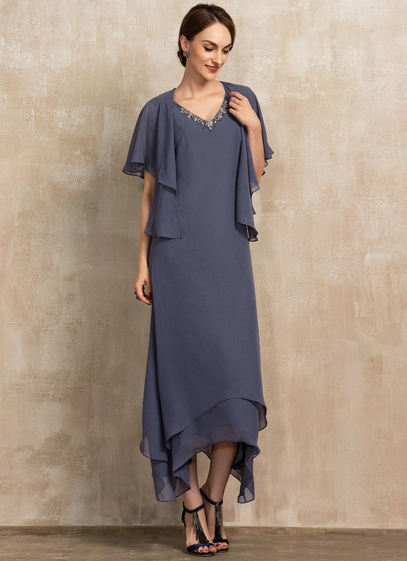 Robe Chic Gris Perle Asymétrique Avec Perles