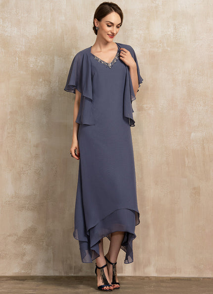 Robe Chic Gris Perle Asymétrique Avec Perles