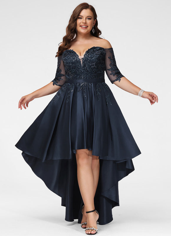 Robe Chic Bleu Marine Satin Asymétrique - gallery 5