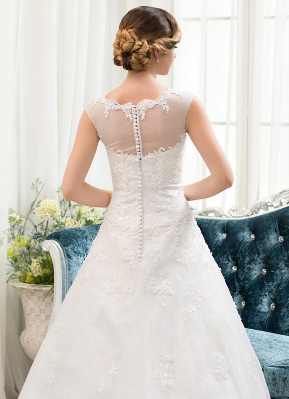 Robe Chic Blanche Traîne Dentelle Élégante - gallery 6