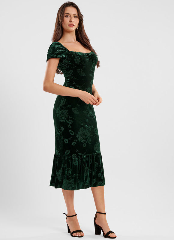 Robe Chic Velours Vert Floral - gallery 3