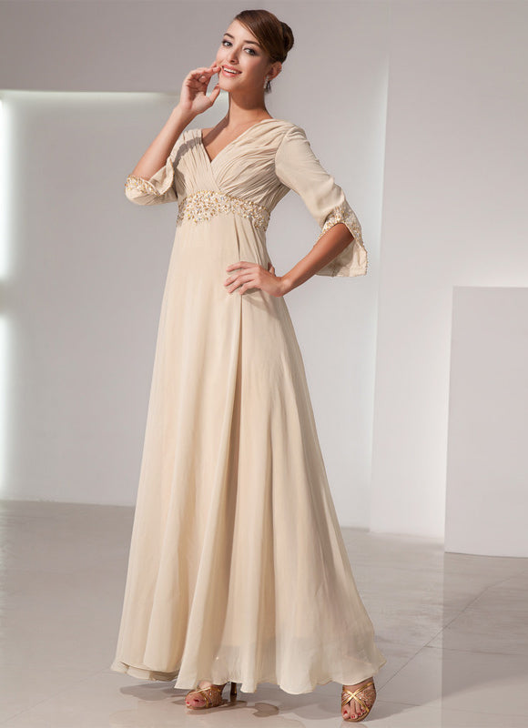 Robe Chic Beige Perlée Ras Du Sol - gallery 1