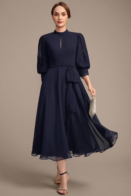 Robe Chic Bleu Marine Dentelle Élégante - gallery 2