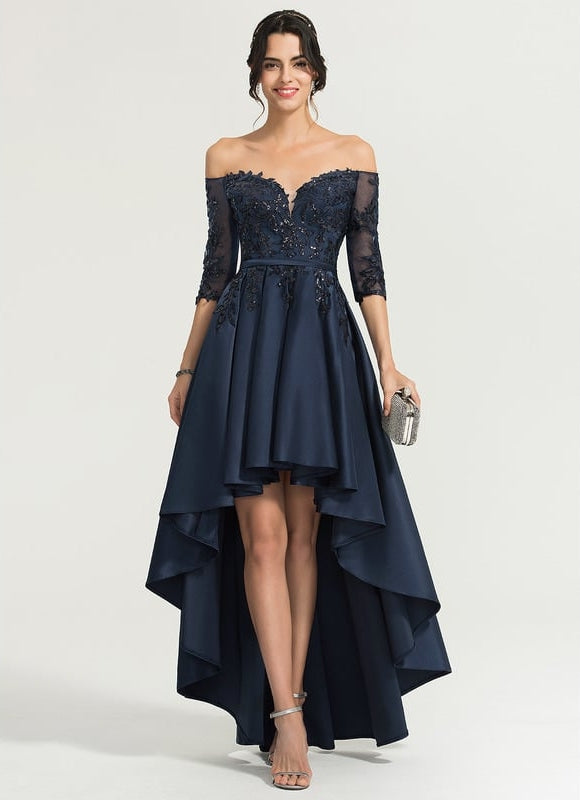 Robe Chic Bleu Marine Satin Asymétrique