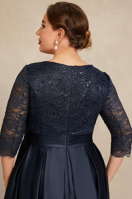 Robe Chic Bleu Nuit Évasée Satin Dentelle - gallery 5