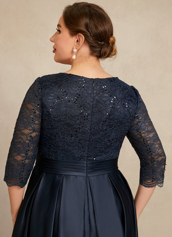Robe Chic Bleu Nuit Évasée Satin Dentelle - gallery 5