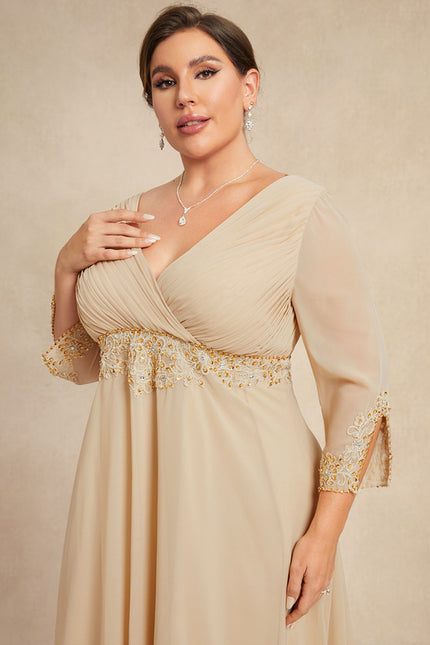 Robe Chic Beige Perlée Ras Du Sol - gallery 9