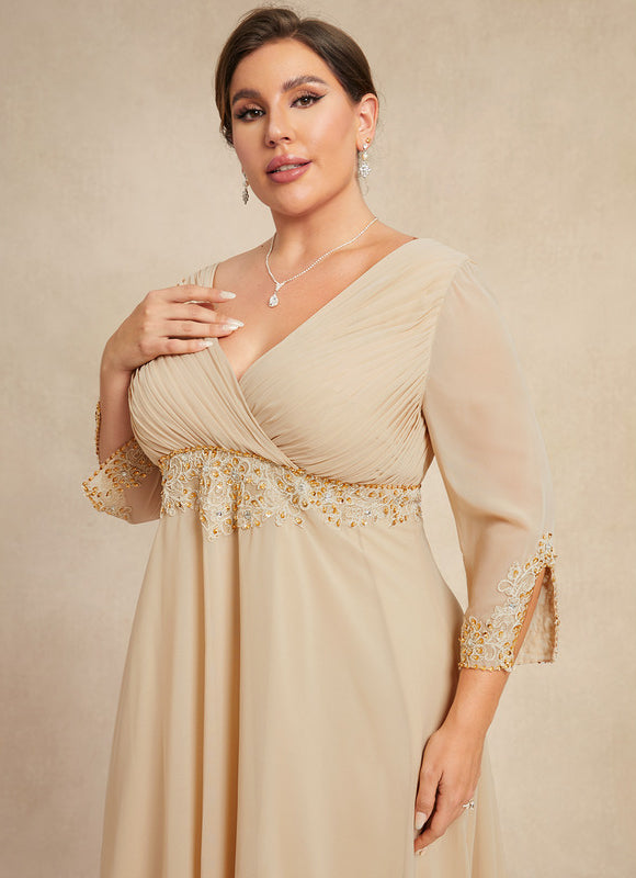Robe Chic Beige Perlée Ras Du Sol - gallery 9