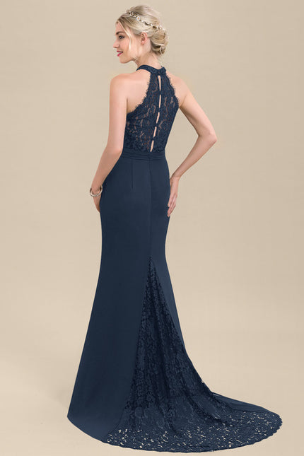 Robe Chic Bleu Marine Dentelle Traîne