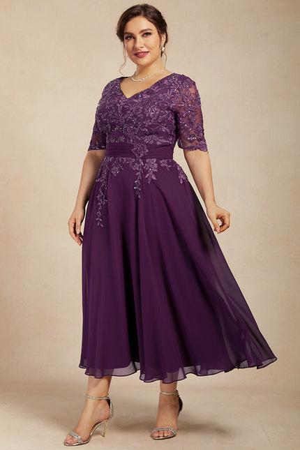 Robe Chic Violet Trapèze Dentelle Paillettes - gallery 9