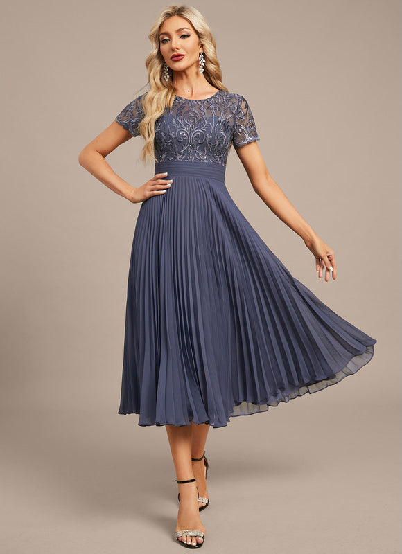 Robe Chic Élégance Plissée Bleu