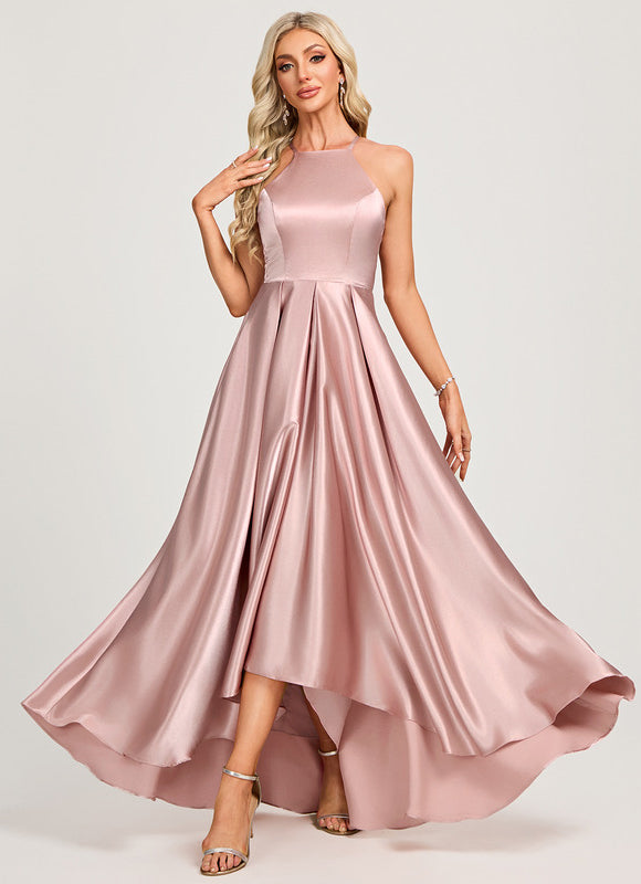 Robe Chic Satinée Rose Asymétrique