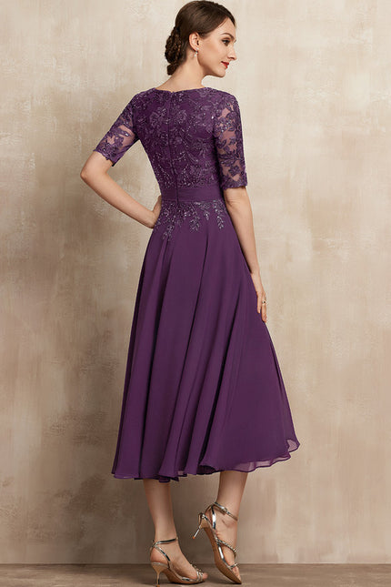 Robe Chic Violet Trapèze Dentelle Paillettes - gallery 2