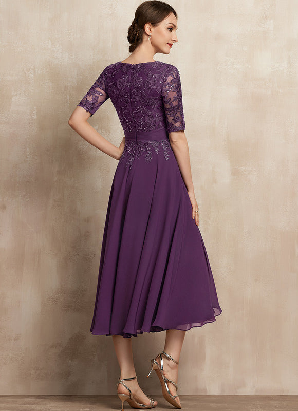 Robe Chic Violet Trapèze Dentelle Paillettes - gallery 2