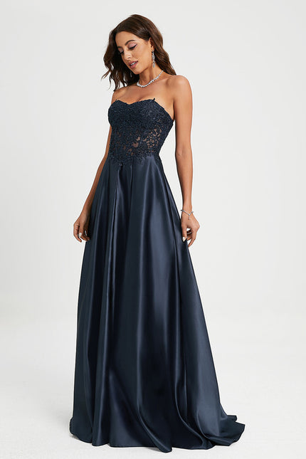 Robe Chic Bleu Nuit Satin Dentelle - gallery 2