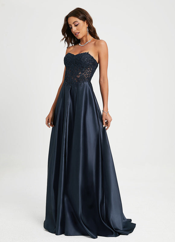 Robe Chic Bleu Nuit Satin Dentelle - gallery 2