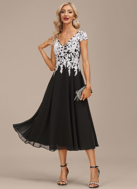 Robe Chic Noire Dentelle V-Cou Élégant
