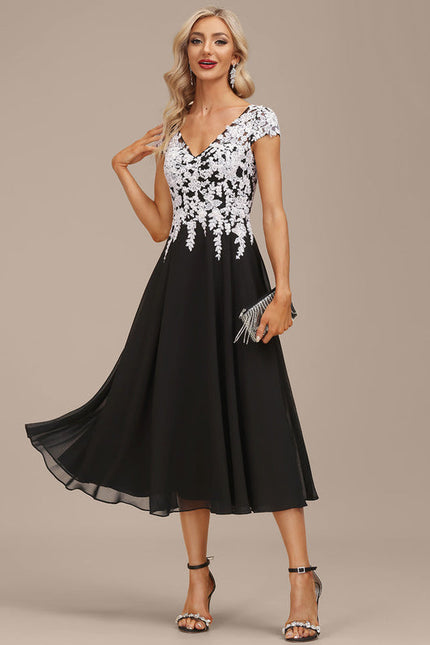 Robe Chic Noire Dentelle V-Cou Élégant