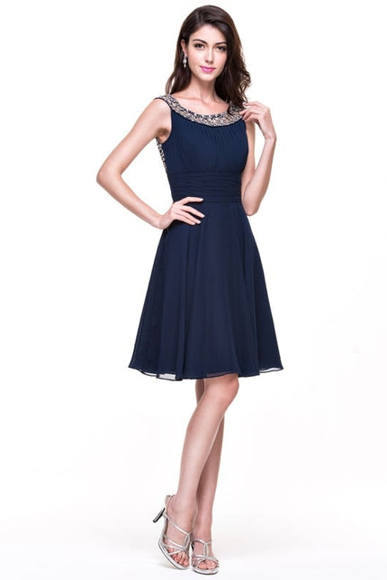 Robe Chic Bleu Nuit Cocktail Volants Perles - gallery 2
