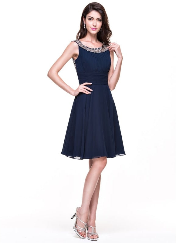 Robe Chic Bleu Nuit Cocktail Volants Perles - gallery 2