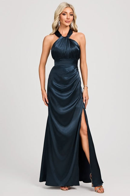 Robe Chic Élégance Satinée Marine - gallery 2
