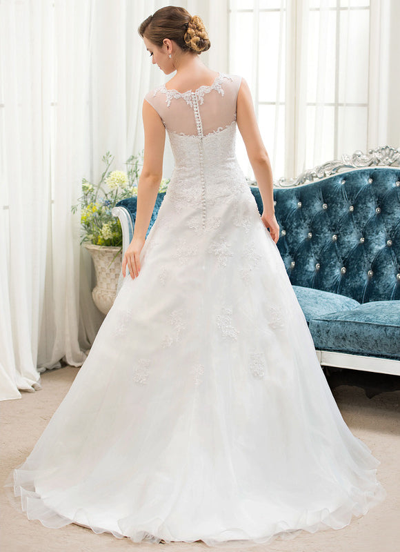 Robe Chic Blanche Traîne Dentelle Élégante - gallery 5