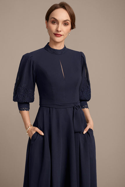 Robe Chic Bleu Marine Dentelle Élégante - gallery 1