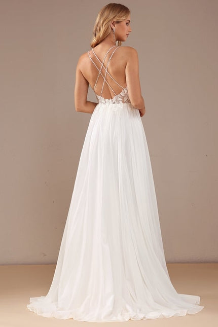 Robe Chic Blanche Traîne Mousseline Dentelle - gallery 2