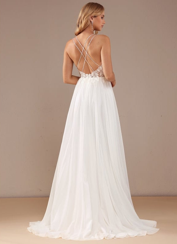Robe Chic Blanche Traîne Mousseline Dentelle - gallery 2