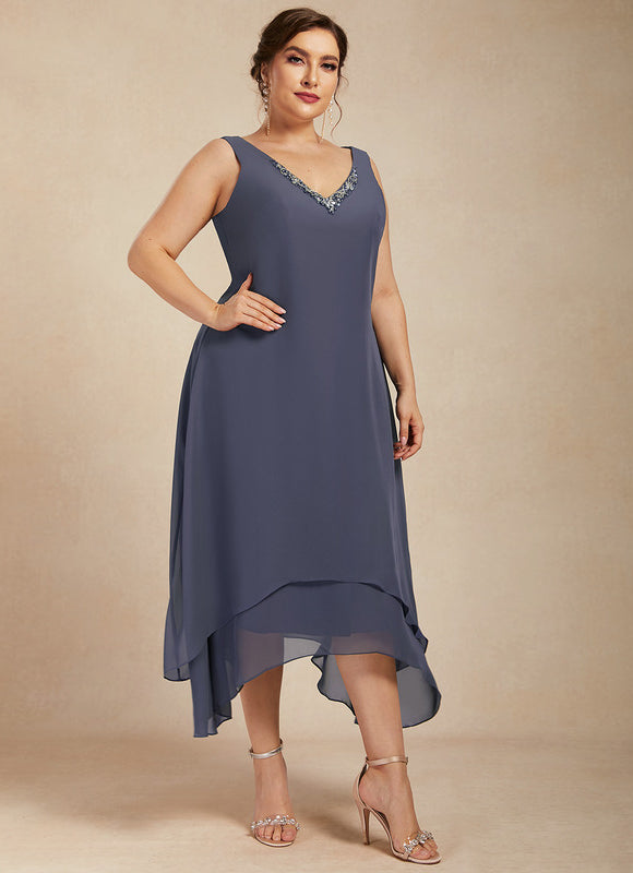 Robe Chic Gris Perle Asymétrique Avec Perles - gallery 9
