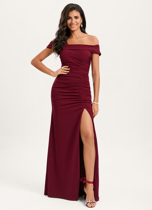 Robe Chic Épaule Dénudée Bordeaux - gallery 1