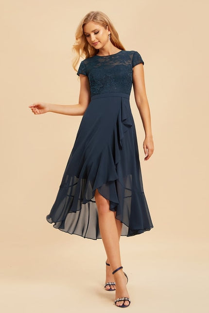 Robe Chic Bleu Nuit Mousseline Dentelle - gallery 5