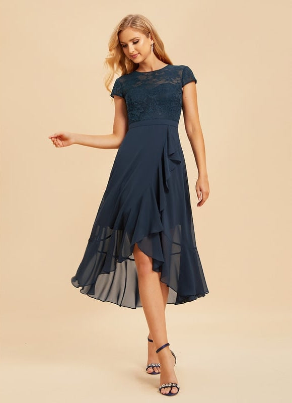 Robe Chic Bleu Nuit Mousseline Dentelle - gallery 5