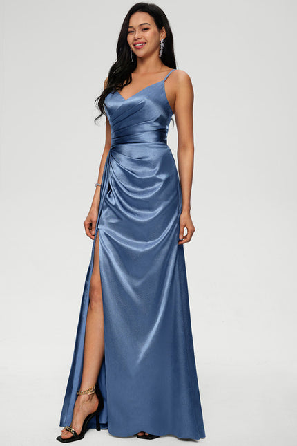 Robe Chic Bleu Satin Plissé Long - gallery 3