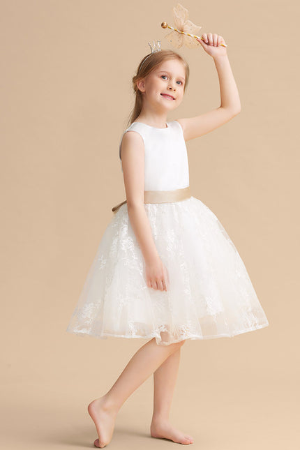 Robe Chic Beige Satin Dentelle Fille - gallery 3