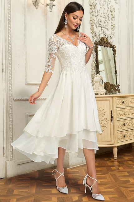 Robe Chic Blanche Dentelle Asymétrique - gallery 1