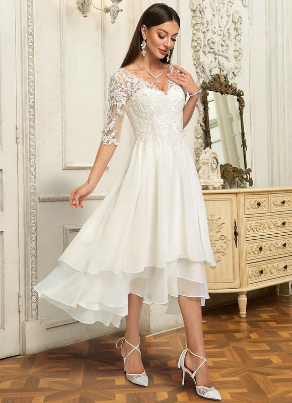 Robe Chic Blanche Dentelle Asymétrique - gallery 1