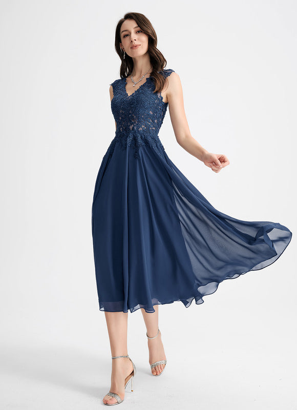 Robe Chic Noire Dentelle V-Cou Élégant - gallery 2