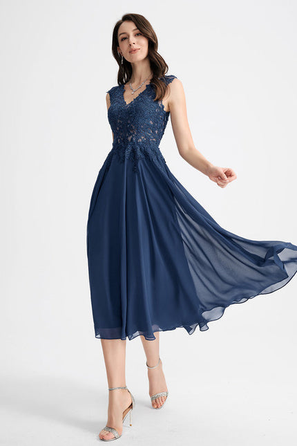 Robe Chic Noire Dentelle V-Cou Élégant - gallery 2