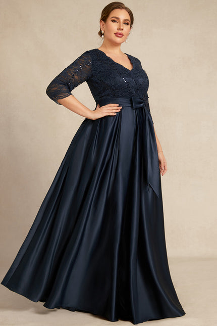 Robe Chic Bleu Nuit Évasée Satin Dentelle - gallery 6