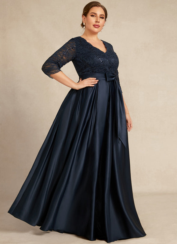 Robe Chic Bleu Nuit Évasée Satin Dentelle - gallery 6