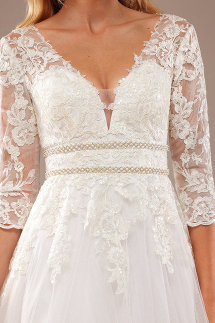 Robe Chic Blanche Traîne En Dentelle - gallery 3