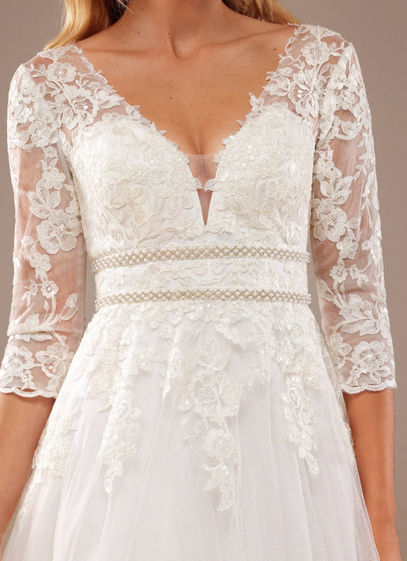 Robe Chic Blanche Traîne En Dentelle - gallery 3